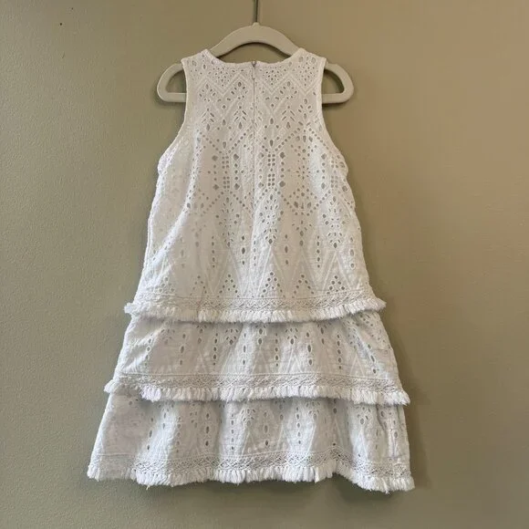 PINK CHICKEN White Eyelet Dress Girls 6 Boho Tiered Lace Summer Fringe Trim - Picture 2 of 6